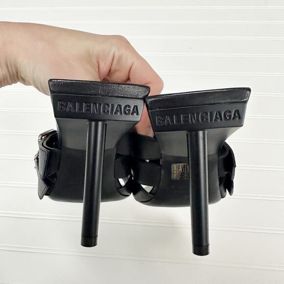 Balenciaga Black Leather Buckle Strappy Sandal Mule Stiletto Heel Slides 6 NEW - Picture 5 of 11